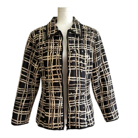 Carole Little Jacket Silk Quilted Black Tan Gold Sequin Bling Zip Front Large - Picture 11 of 11